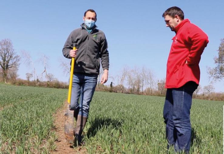 À droite, Antoine Maquerel, éleveur porcin à La-Chapelle-en-Juger (50), membre du GIEE Manche agriculture de conservation et Gabriele Fortino, conseiller en agronomie au sein de la Chambre d’agriculture de Normandie et animateur du GIEE.