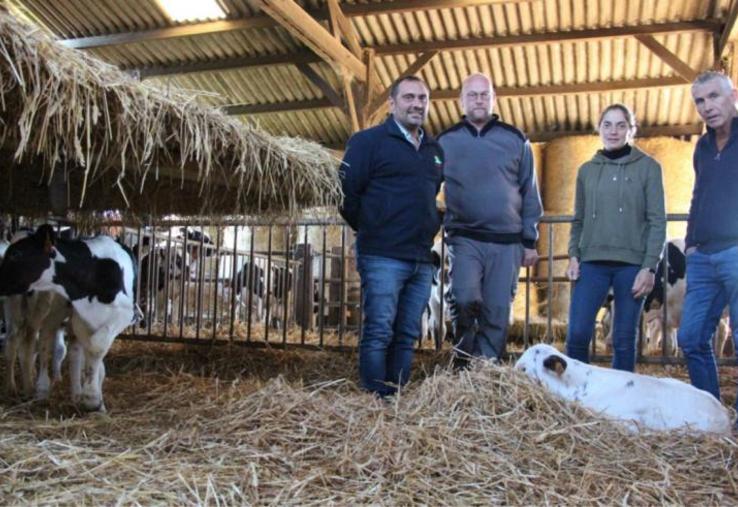 David Tonnelier, de la coop de Bellême ; Guillaume Larchevêque, éleveur ; Fanny Bansard, éleveuse et Laurent Pasquet, OrigenPlus. La coop de Bellême et OrigenPlus comptent une quarantaine d'utilisateurs du programme, notamment dans l'Orne et quelques-uns dans la Sarthe et le Calvados.