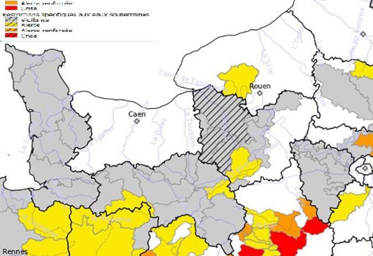 L’état des arrêtés de limitation de l’usage de l’eau pour la région grand ouest, au 22 juillet.
