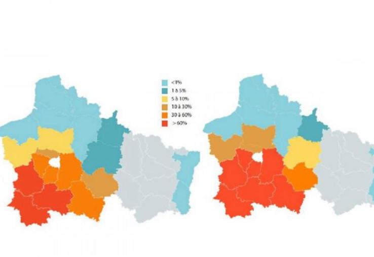 ÉVOLUTION DES SURFACES PARCELLAIRES IMPACTÉES AU 23 JUIN ET AU 5 JUILLET 2020
Touchant le sud de la France, la jaunisse gagne du terrain de jour en jour et a atteint le département de l’Eure. La maladie est ainsi aux portes de la Seine-Maritime.