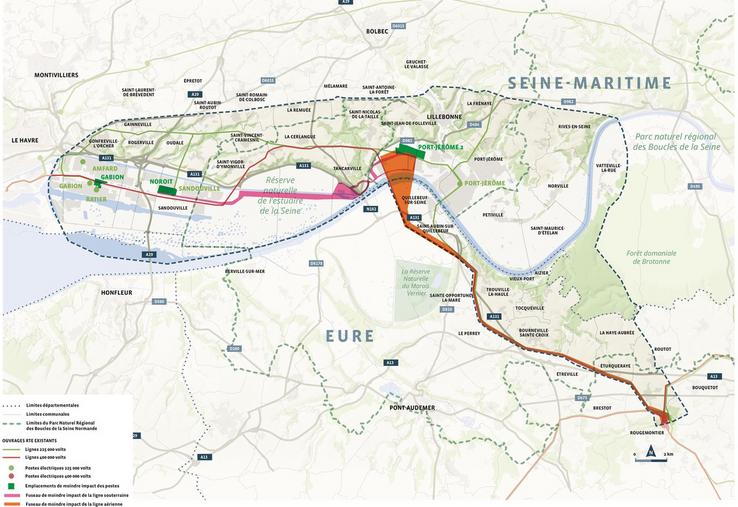 Le fuseau retenu pour la ligne électrique aérienne 400 000 volts est celui dit "ligne existante" qui longe les lignes 400 000 et 25 000 volts existantes entre Rougemontiers et Quillebeuf-sur-Seine, pour rejoindre ensuite la zone industrielle de Port-Jérôme-sur-Seine. Une fois que la nouvelle ligne aura été mise en service, la ligne électrique 225 000 volts existante sera retirée.