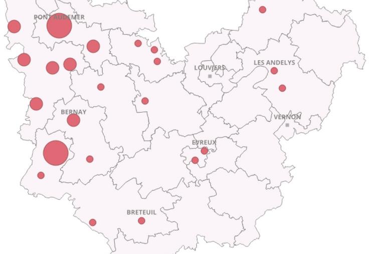 Répartition des foyers FCO-3 dans l'Eure : 48 cheptels bovins, 9 cheptels ovins.