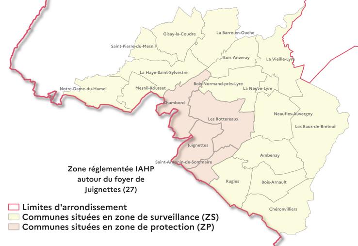 Zone réglementée IAHP au 13 mars 2026.