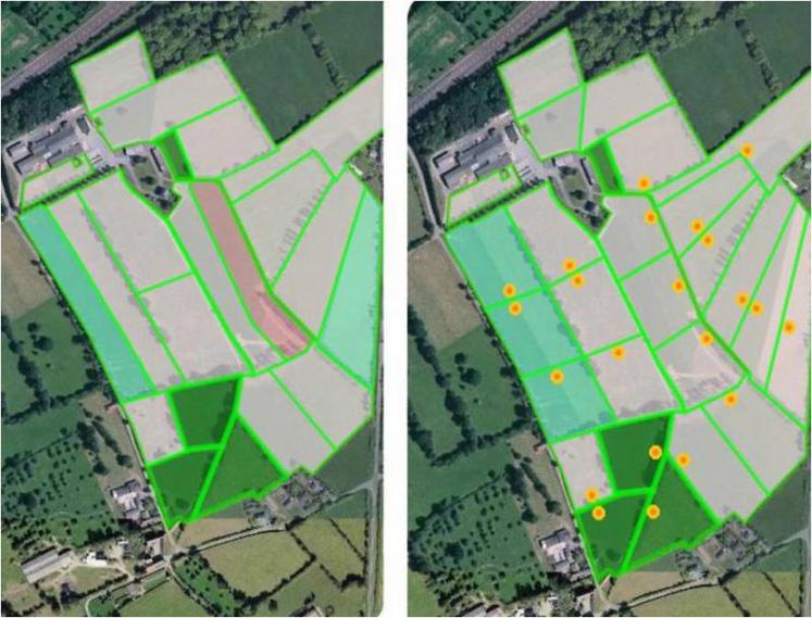 A gauche, découpage du parcellaire de pâturage en place
depuis 2017. A droite, nouveau découpage parcellaire (en vert) et réseau d'eau (en orange).
