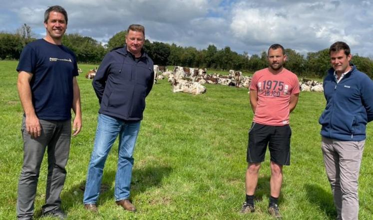 François Rihouet, administrateur FQRN, Philippe Lamy, acheteur chez Agrial, Romain Jamet, éleveur à Ozeville (50) et Nicolas Declomesnil, président de FQRN, considèrent que la Normande est « une race mixte qui a de l’avenir ».