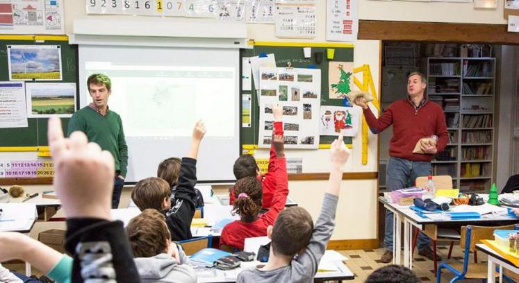 Stéphane Vacher et Jules Figeureu présentent les cultures de la région et leurs exploitations aux CM2 de l’école primaire de Bernouville.