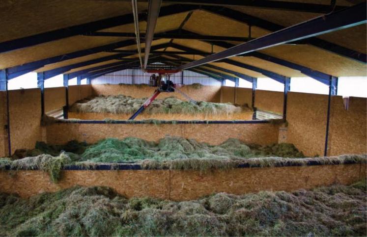 Le bâtiment est composé de trois cellules de séchage. Elles contiennent, en moyenne, 100 kg de foin par m3. Chaque cellule est hermétiquement cloisonnée pour éviter des déperditions d'air
latérales.