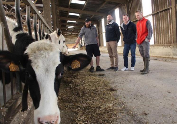 Jonathan Boudet, Romain Lalouelle, Benoit Colombel et François Capelle. Grâce au suivi technique réalisé qui intègre 8 pesées sur 2 ans, un suivi rapproché des rations alimentaires et un encadrement sanitaire, les premières génisses restituées à leur propriétaire « affichent » des résultats techniques très satisfaisants : un âge moyen au vêlage de 24,3 mois, pour une utilisation 1,5 IA par génisse.