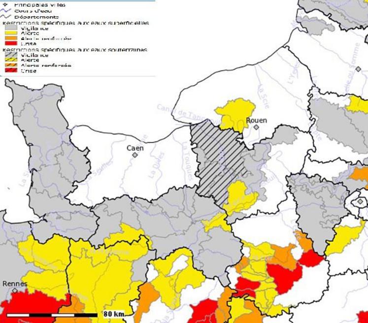 L’état des arrêtés de limitation de l’usage de l’eau pour la région grand ouest, au 22 juillet.