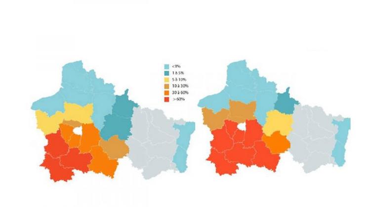 ÉVOLUTION DES SURFACES PARCELLAIRES IMPACTÉES AU 23 JUIN ET AU 5 JUILLET 2020
Touchant le sud de la France, la jaunisse gagne du terrain de jour en jour et a atteint le département de l’Eure. La maladie est ainsi aux portes de la Seine-Maritime.