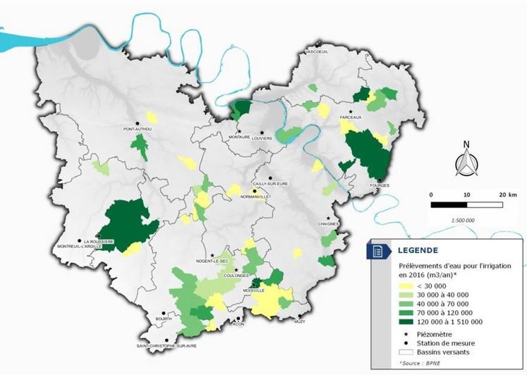 Localisation des secteurs irrigués dans l'Eure