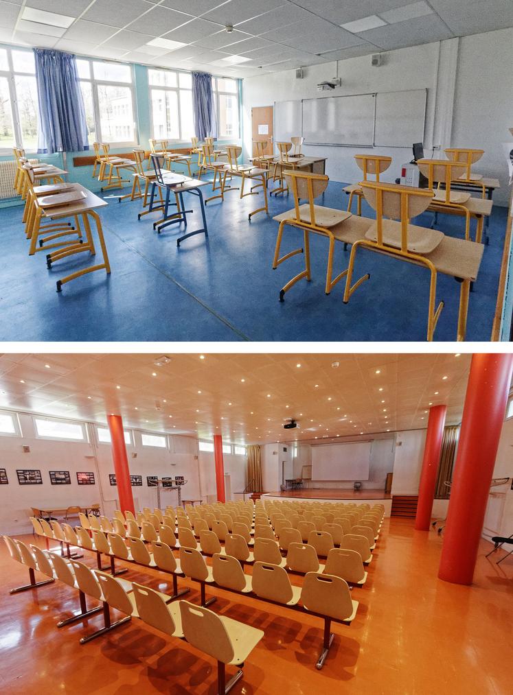 Dans les classes, ce sont les professeurs qui se déplacent (photo du haut). L'amphithéâtre sert aux formations, mais aussi pour les loisirs des internes (photo du bas).