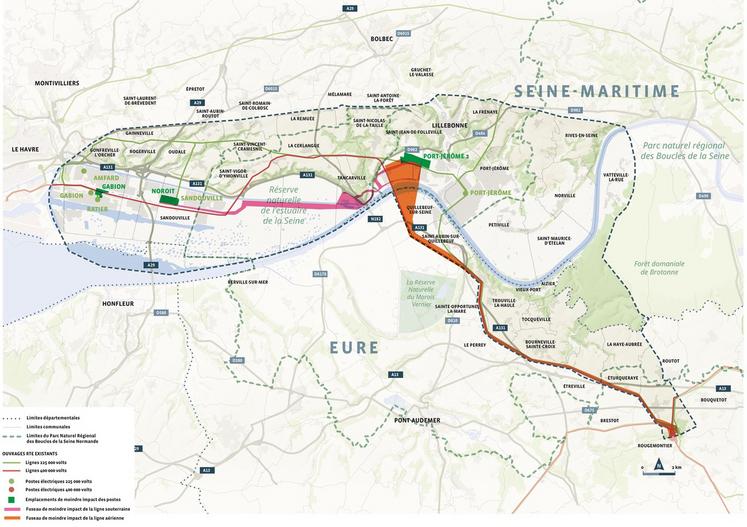 Le fuseau retenu pour la ligne électrique aérienne 400 000 volts est celui dit "ligne existante" qui longe les lignes 400 000 et 25 000 volts existantes entre Rougemontiers et Quillebeuf-sur-Seine, pour rejoindre ensuite la zone industrielle de Port-Jérôme-sur-Seine. Une fois que la nouvelle ligne aura été mise en service, la ligne électrique 225 000 volts existante sera retirée.