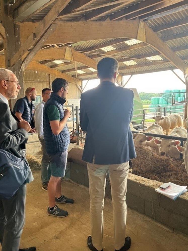 Visite de l'atelier des bovins charolais et échanges entre Simon Babre, préfet de l'Eure, Romain Loiseau et Christophe Guicheux, membre du conseil d'administration du GDS.