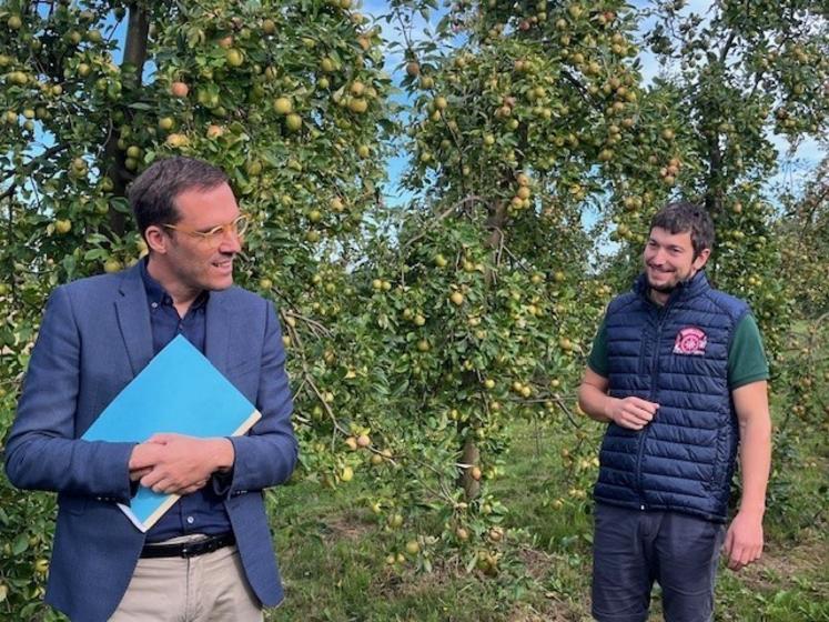 Romain Loiseau a présenté à Simon Babre, préfet de l'Eure, le processus de récolte des pommes.