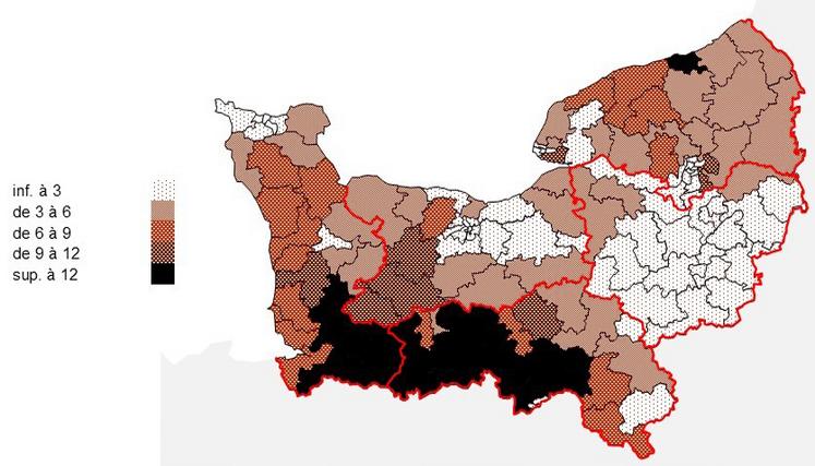 Densité de jeunes bovins vendus en 2023 : têtes par km² de SAU.