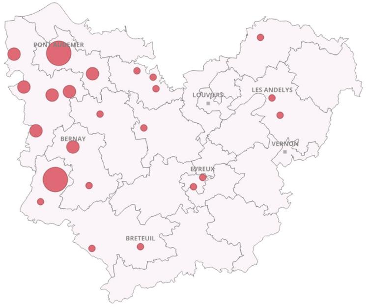 Répartition des foyers FCO-3 dans l'Eure : 48 cheptels bovins, 9 cheptels ovins.