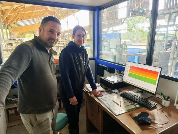 Christophe Augereau et Caroline Drapier consultent sur l'ordinateur du bureau les relevés d'ITH transmis en continu par les capteurs ZenCow® installés dans le bâtiment.