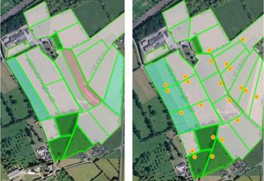 A gauche, découpage du parcellaire de pâturage en place
depuis 2017. A droite, nouveau découpage parcellaire (en vert) et réseau d'eau (en orange).