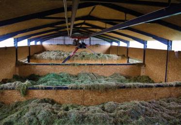 Le bâtiment est composé de trois cellules de séchage. Elles contiennent, en moyenne, 100 kg de foin par m3. Chaque cellule est hermétiquement cloisonnée pour éviter des déperditions d'air
latérales.