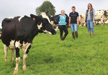 Caroline George au côté de Franck et Elodie Herel, producteurs de lait à Montbray (50). « Valoriser nos vaches de réforme sous contrat n’a rien changé à notre système et la plus-value est d’environ 80 e pour une Normande et 70 e pour une Prim’Holstein. C’est une façon de valoriser encore mieux l’herbe ».