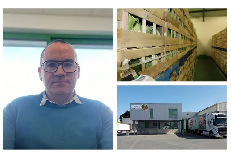 Montage de trois photos : portrait de Serge Le Bonniec ; des palettes de choux-fleurs ; un entrepôt vue de dehors avec un camion