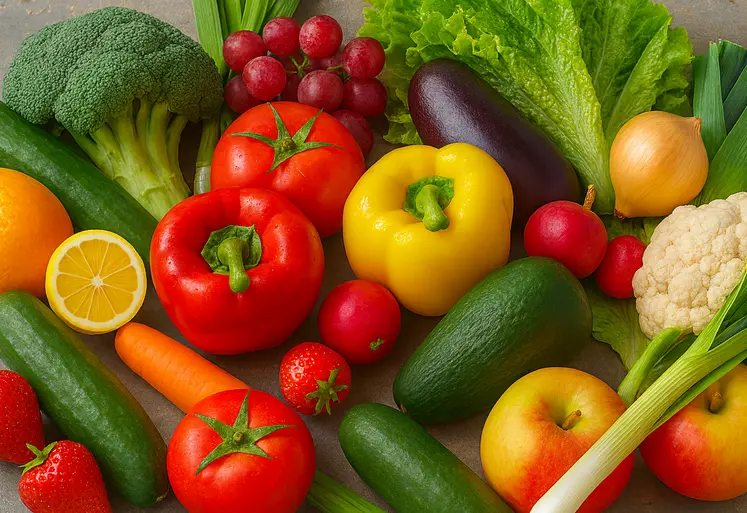 Des fruits et des légumes sur une table, dont des tomates, poivrons, poireaux, pommes, oignons, carottes, aubergines et choux-fleurs.