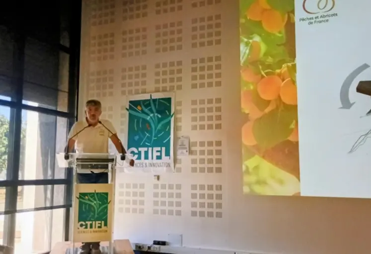 <em class="placeholder">Raphaël Martinez, directeur de l’AOPn Pêches et Abricots, devant un powerpoint en train de dresser le bilan de la saison des pêches et nectarines lors d'une ...</em>