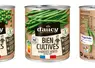 Boîtes de légumes petits pois et haricots verts d'aucy de la gamme Bien cultivés avec le logo Origin'Info.