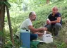 Producteur de myrtilles et ingénieur de l'INRAE préparent  préparent un lâcher de Ganapsis kimorum pour lutter contre Drosophila suzukii à Saint-Julien-du-Gua en Ardèche. 