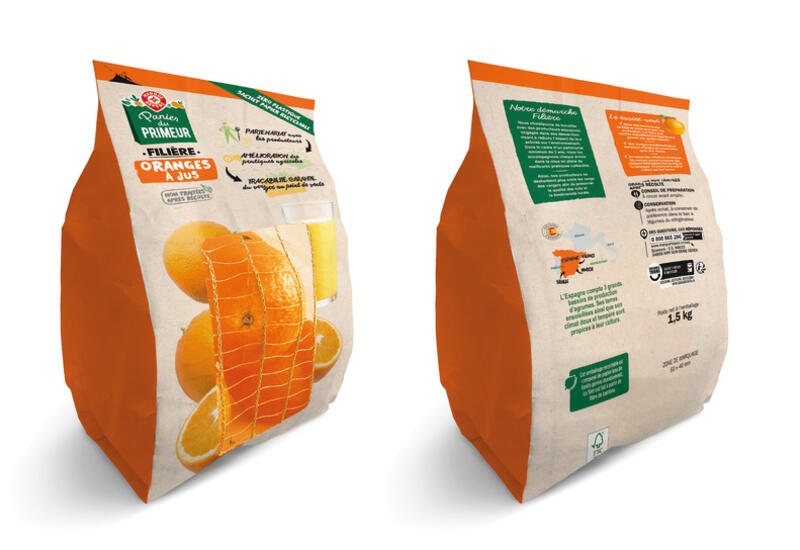 Les agrumes espagnols Panier du Primeur seront vendus dans un sac en papier recyclable labellisé FSC avec une fenêtre en fibres naturelles de bambou. © E.Leclerc