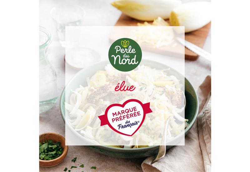 Le logo de Perle du Nord et le logo de Marque Préférée des Français, placés sur une photo d’une assiette d’endives cuisinées.