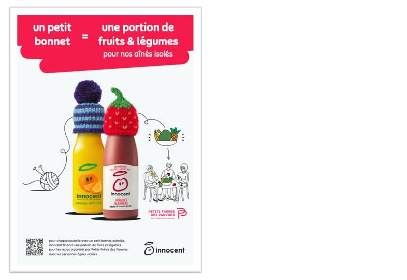 Affiche d'innocent expliquant son engagement pour des fruits et légumes pour les personnes âgées isolées, avec l'association Petits Frères des Pauvres.