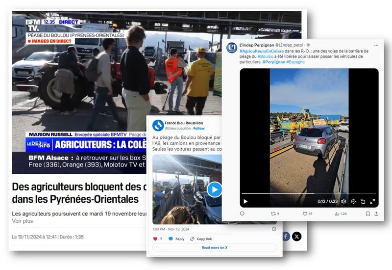 Captures d'écran de comptes X et de site internet de différents média, titrant sur le blocage des agriculteurs à Perpignan.