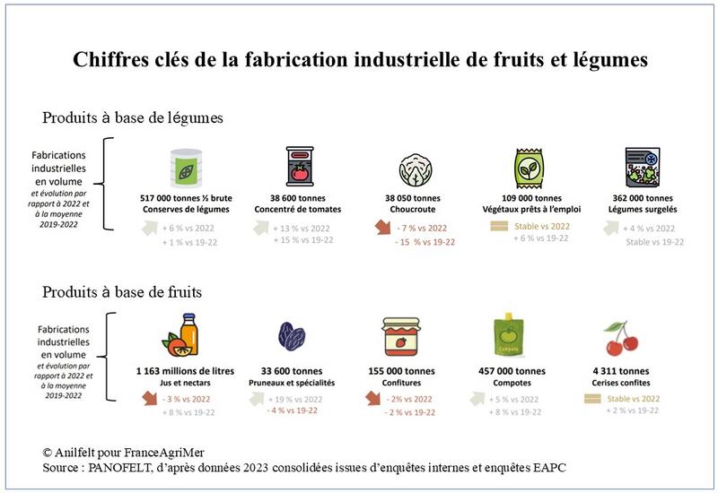 Infographie représentant les productions fabriquées en France à partir de fruits et de légumes : choucroute, conserves et surgelés de légumes, concentrés de tomates, légumes 4e gamme, compote, jus, pruneaux, confitures, fruits confits. 