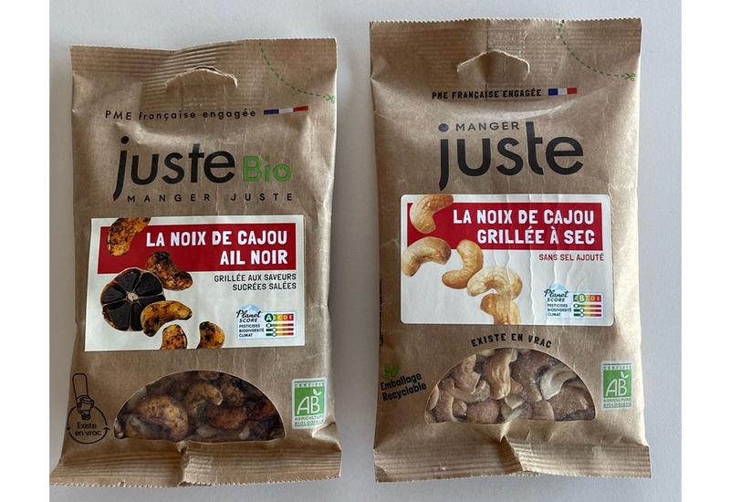 deux sachets de fruits secs à marque Juste Bio qui devient Manger Juste