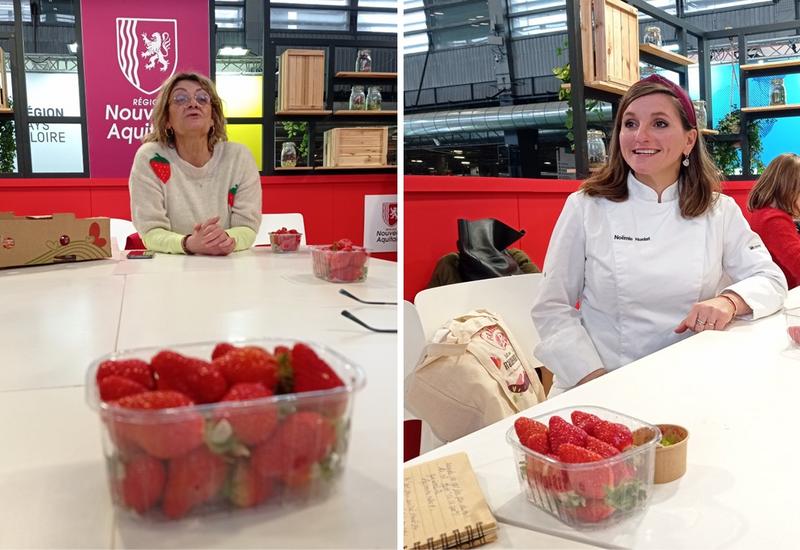 La productrice de fraises Label Rouge Sylvie Delaurier-Zanuttig et la cheffe pâtissière Noëmie Honiat, sur un stand sur le salon de l’agriculture, avec des fraises.