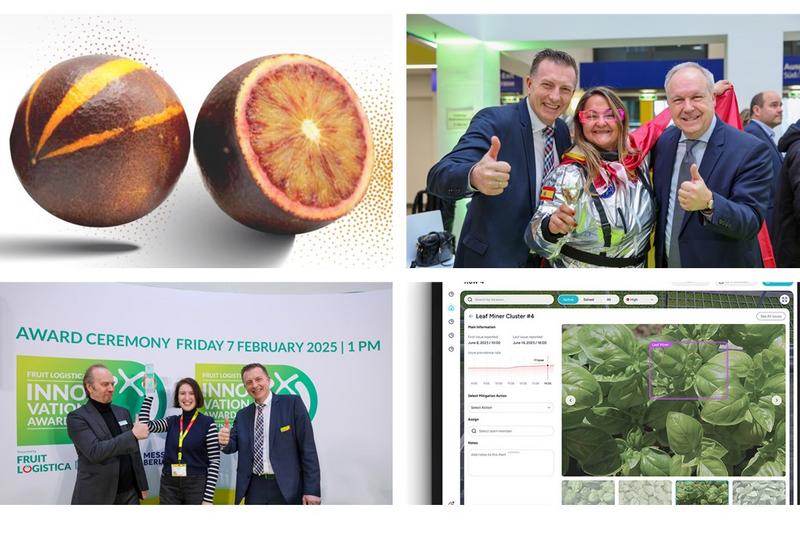 Les représantants des vainqueurs des FLIA 2025, Produits et Technology avec les deux produits vainqueurs l'orange Onix et le logiciel de repérages des maladies et ravageurs sous serre, Croptimus