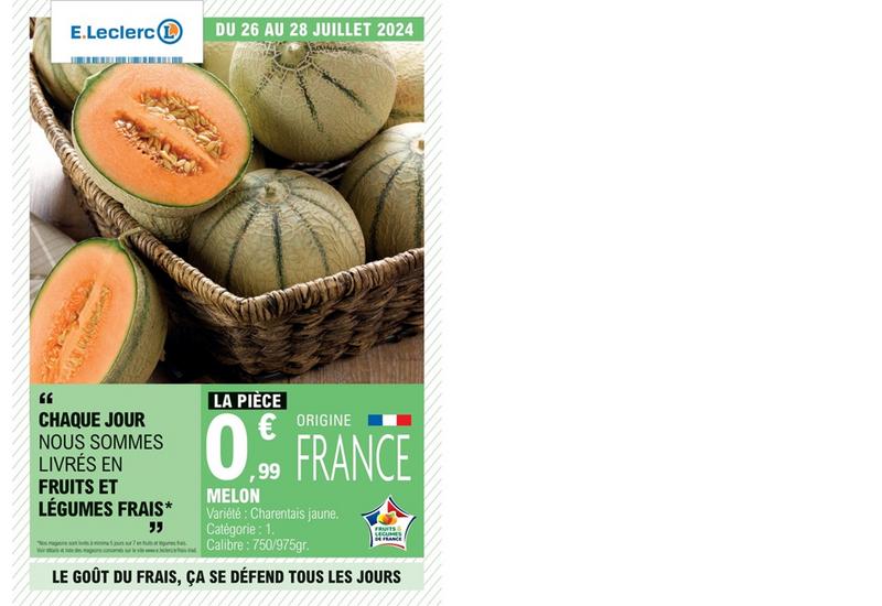 Promotion à 0,99 € la pièce pour du melon français. Extrait d’un catalogue de E.Leclerc de juillet 2024