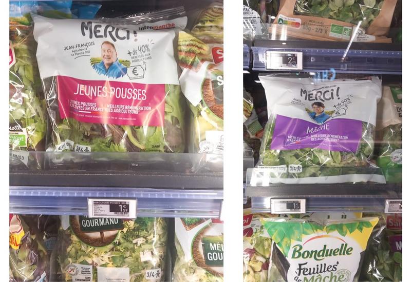 Deux photos d'un rayon de salades en sachets, chacune des photos zoome sur une référence de la marque MERCI!