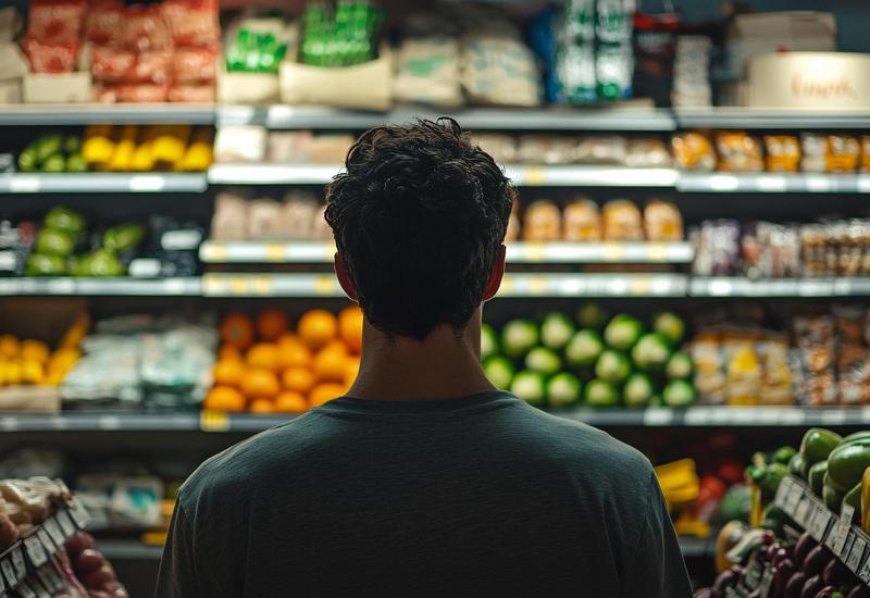 un homme devant un rayon de supermarché