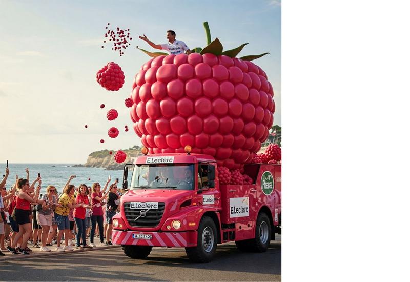 un camion déguisé en framboise géante avec un son sommet un homme qui jette des framboises à la foule. généré par IA