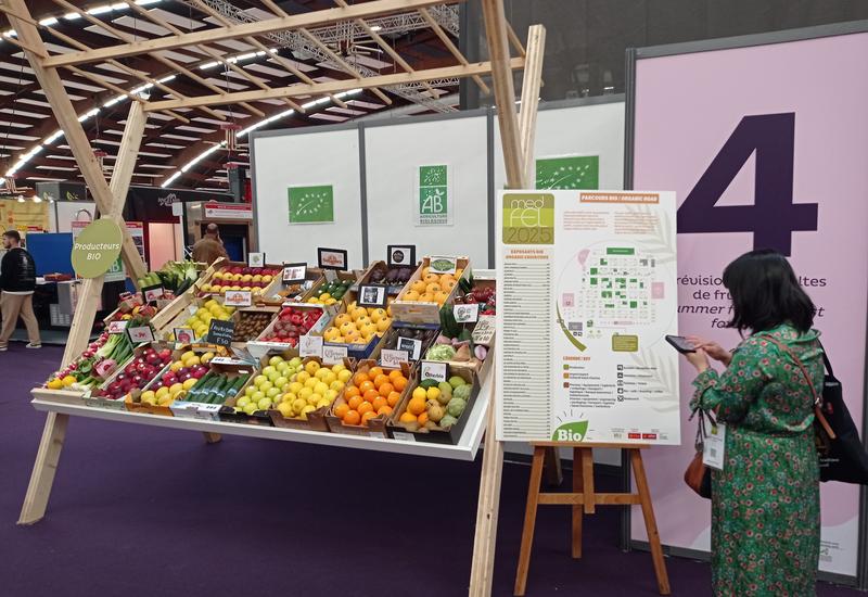 stand à l'entrée d'un salon fruits et légumes. Etal de fruits et légumes, plan du salon et une visiteuse qui le consulte