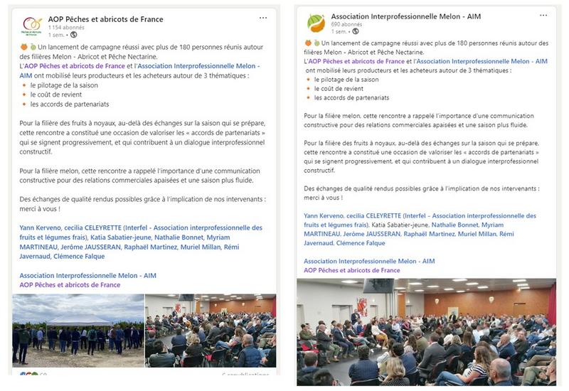 deux captures d'écran de posts LinkedIn au sujet d'une soirée de lancement de campagne des fruits d'été