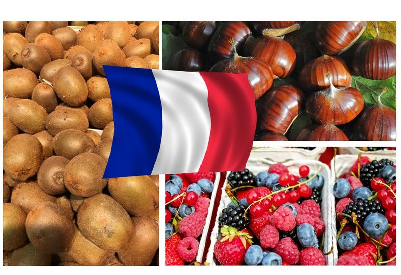 Des kiwis, petits fruits rouges et des châtaignes barrées d'un drapeau français.