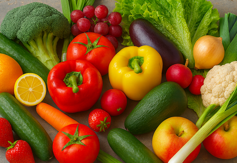 Des fruits et des légumes sur une table, dont des tomates, poivrons, poireaux, pommes, oignons, carottes, aubergines et choux-fleurs.