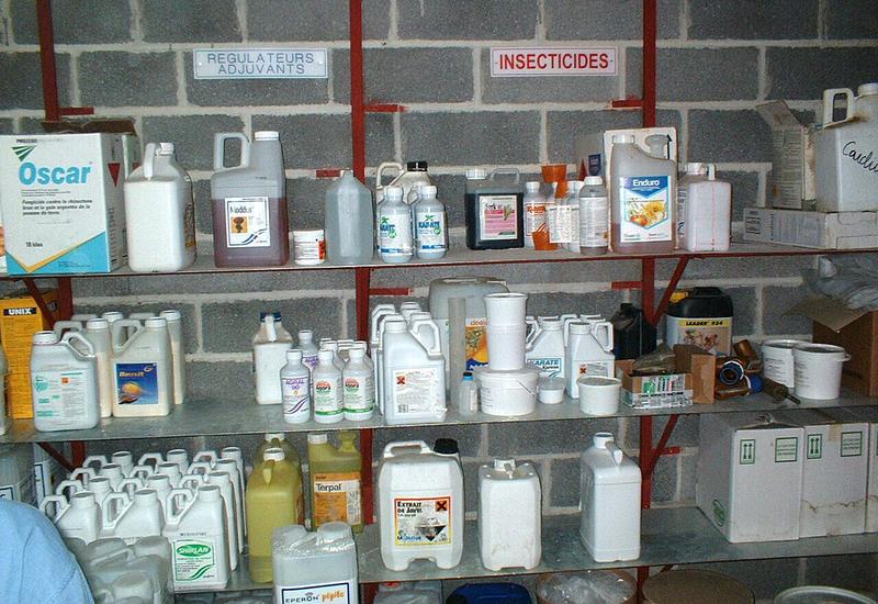 <em class="placeholder">Local phyto. Stockage des produits phytosanitaires par catégories : insecticides, régulateurs et adjuvants. Bidons et cartons rangés sur des étagères. Pesticides .</em>