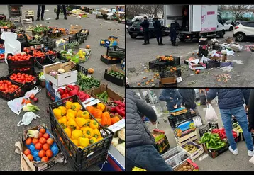 Capture d'écran du compte X de Préfet de l'Hérault qui montrent trois images du marché ckandestin de la Paillade à Montpellier avec des cajeots de fruits et légumes à même le sol. 