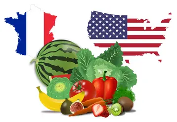 drapeaux de la France et des Etats-Unis avec des fruits et légumes