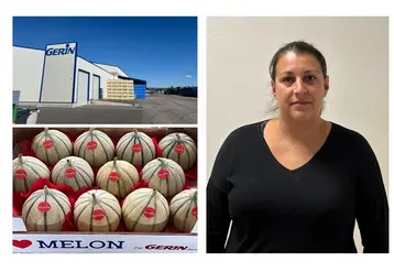 Montage photo : une entreprise avec camion, une cagette de melon, et la photo portrait de Léa Gérin
